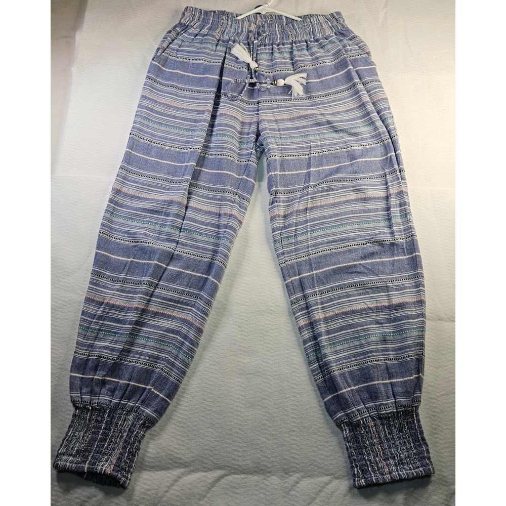 Blue Island Striped Jogger Pants Womens Medium Blue Boho Tassel Smocked Cuff